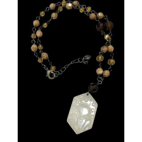 Vintage Carved Quartz Pendant Necklace With Beaded Chain - Picture 1 of 10